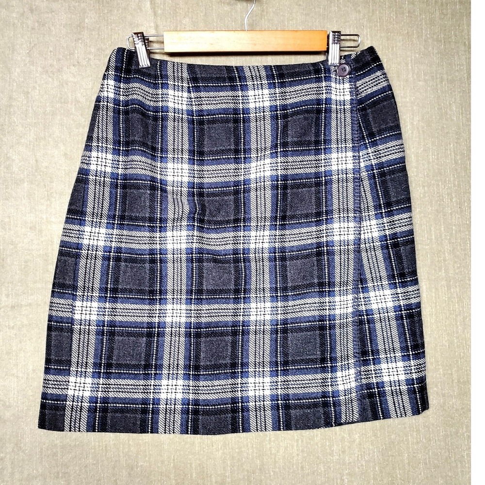 Herman Geist Womens Plaid Wool Blend Wrap Skirt Navy Grey White Size 12 C1054487